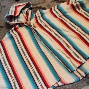 Striped Hooded Poncho Cape in Cream, Turquoise & Red